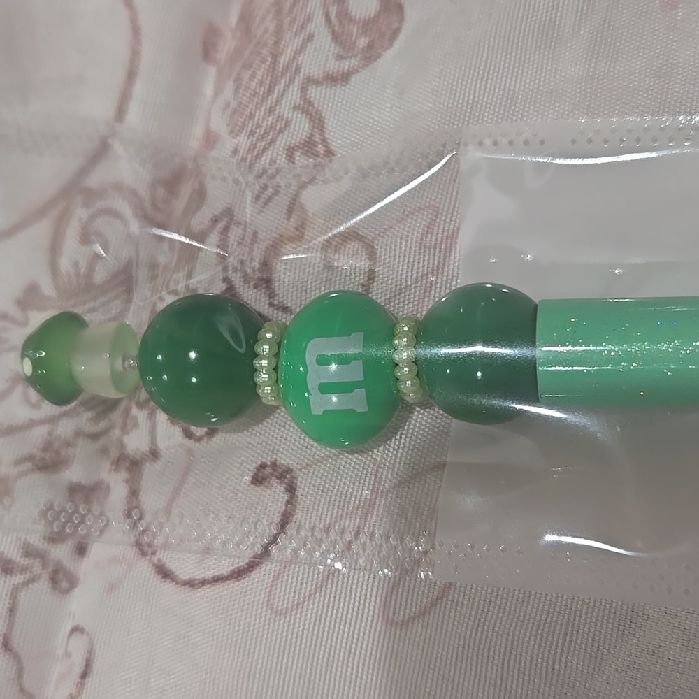 Green m&m Beaded Pen with Mushroom Topper. Perfect For Easter Baskets. Includes